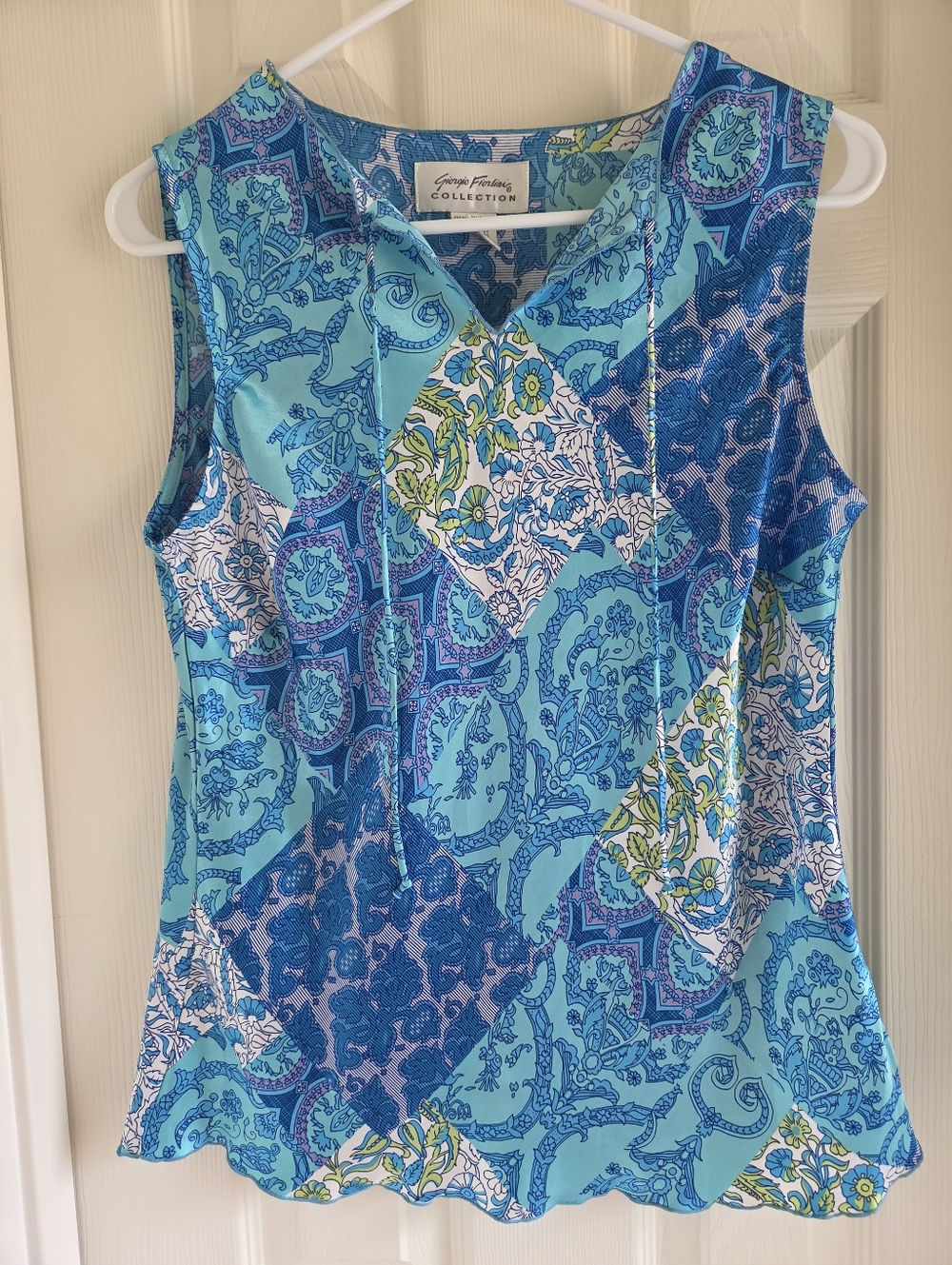 Vintage Giorgio Fiorlini Sleeveless Blouse Blue Green Abstract Patchwork Boho S